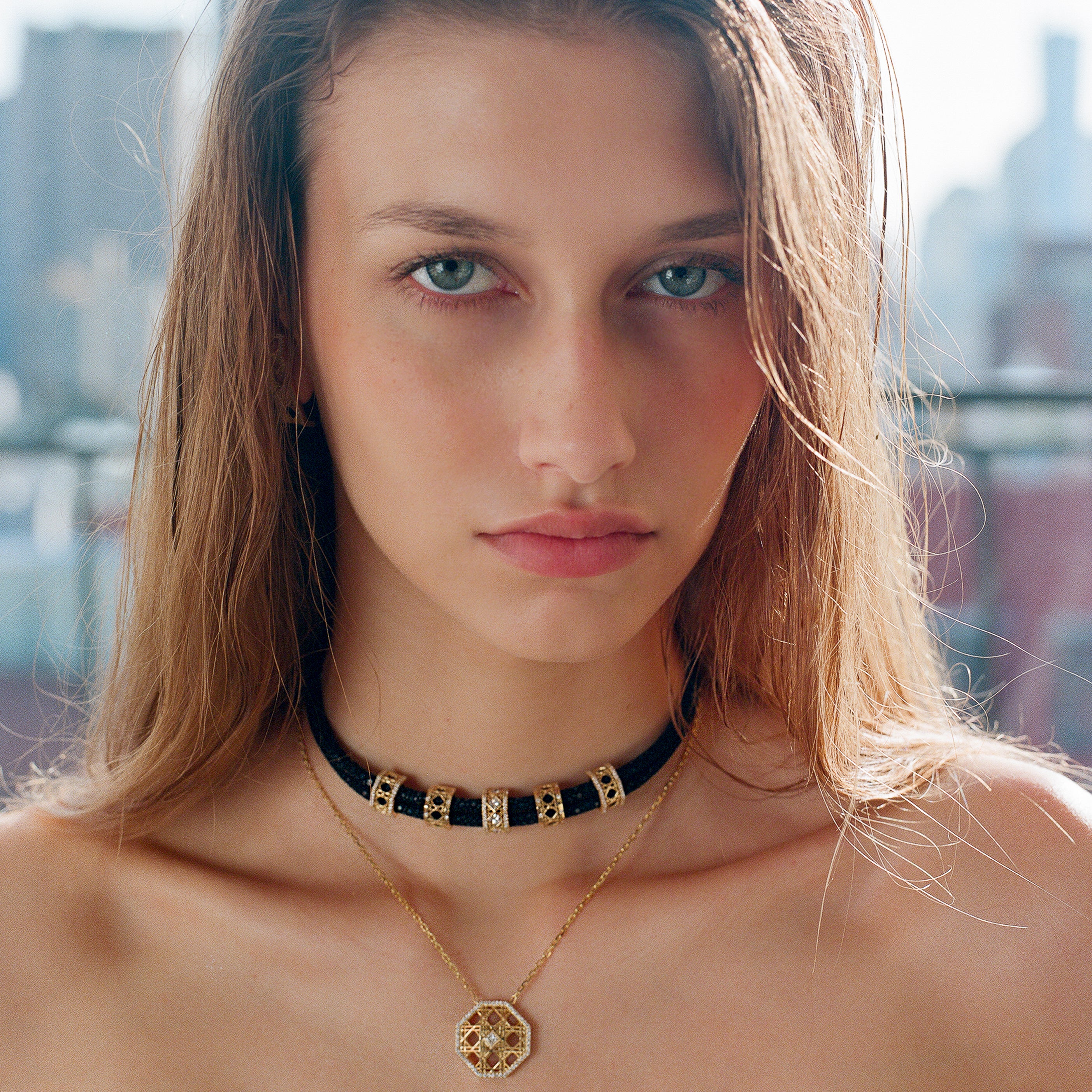 Doudou Abyss Multi-Bead Choker, 18K Yellow Gold, Pavé and Princess Cut Diamonds and Stingray Leather