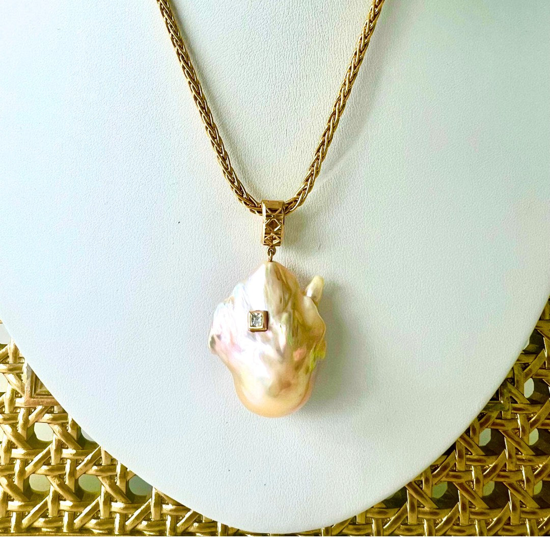 DouDou South Sea Baroque Pearl Amulet, 18K Yellow Gold and Princess Cut Diamond / One-of-a-kind