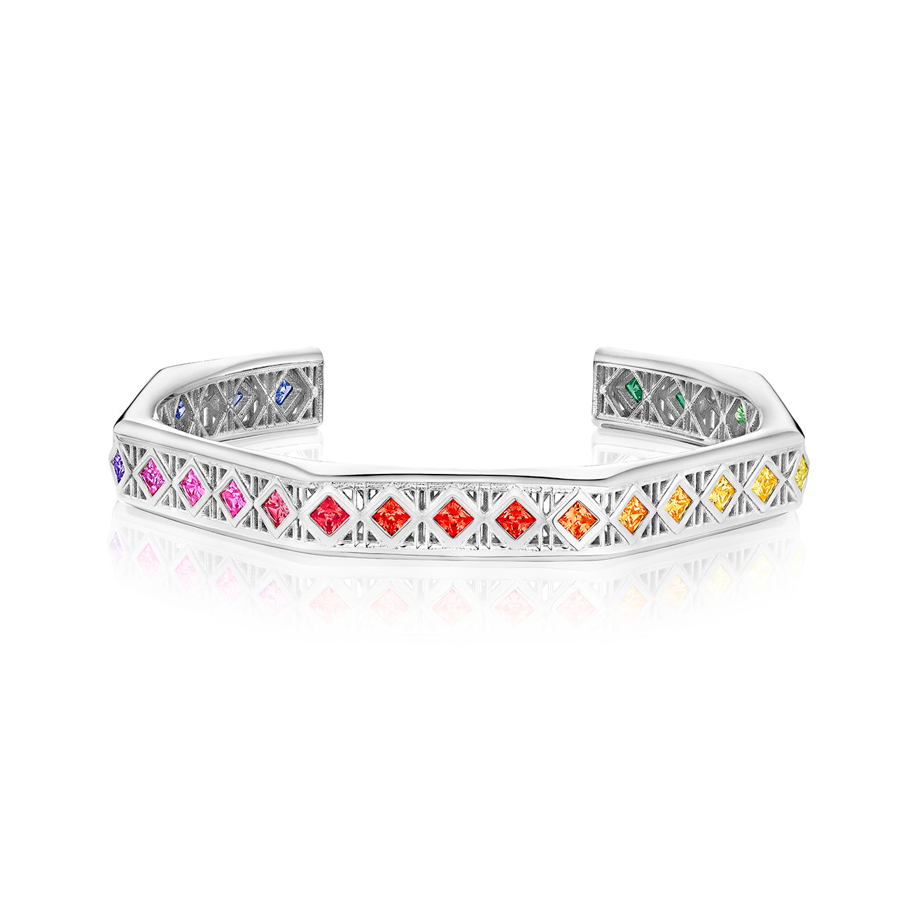 Doudou Cuff Bracelet, 18K White Gold with princess-cut multi colored gemstones