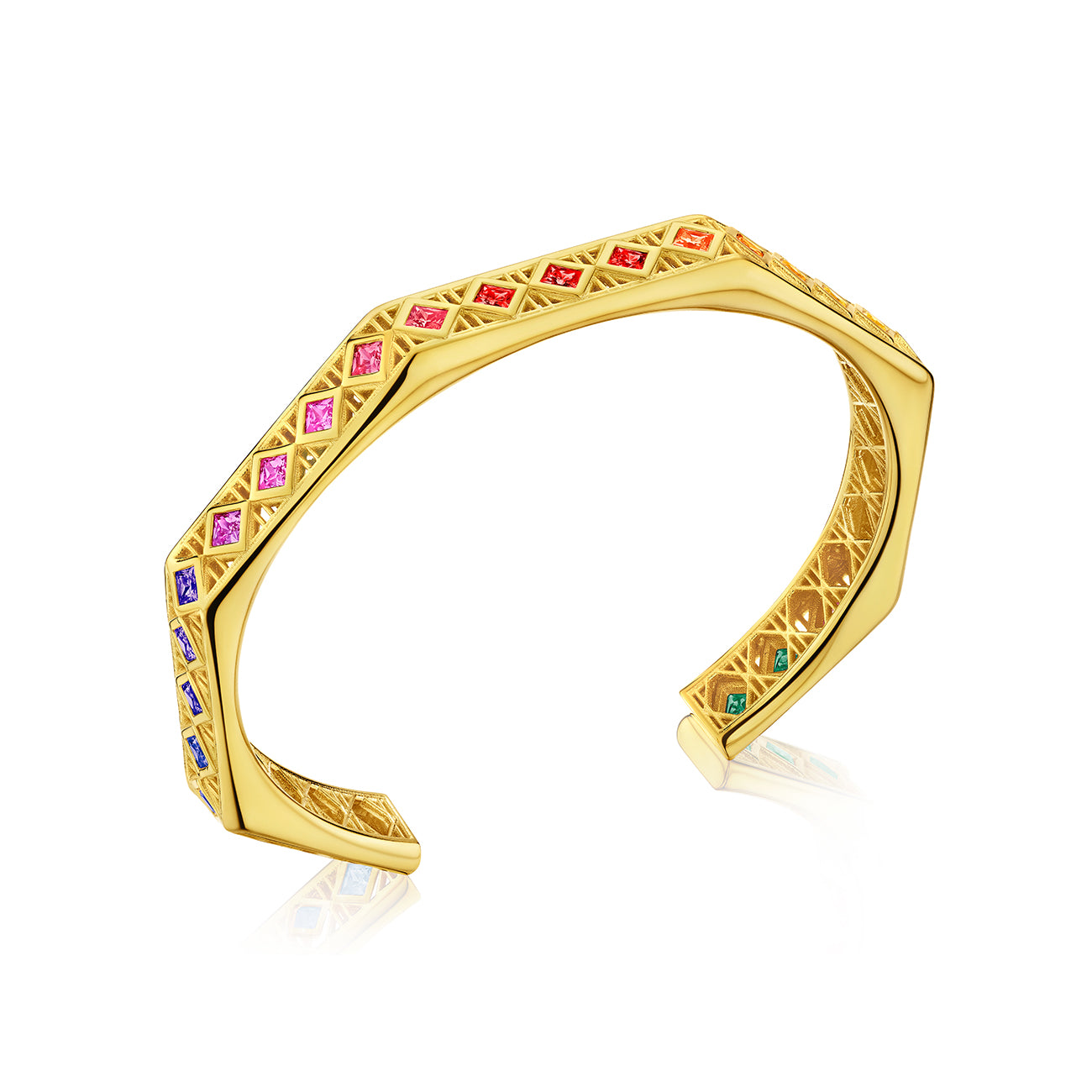 Doudou Cuff Bracelet, 18K Yellow Gold with princess-cut multi colored gemstones
