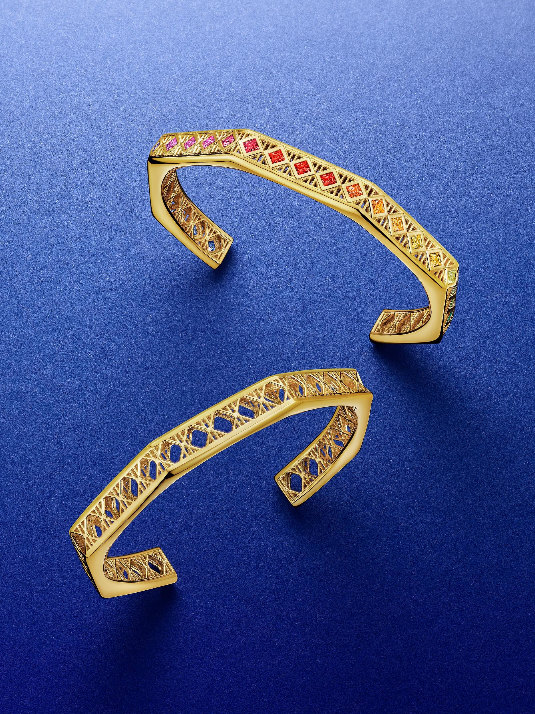 Doudou Cuff Bracelet, 18K Yellow Gold with princess-cut multi colored gemstones