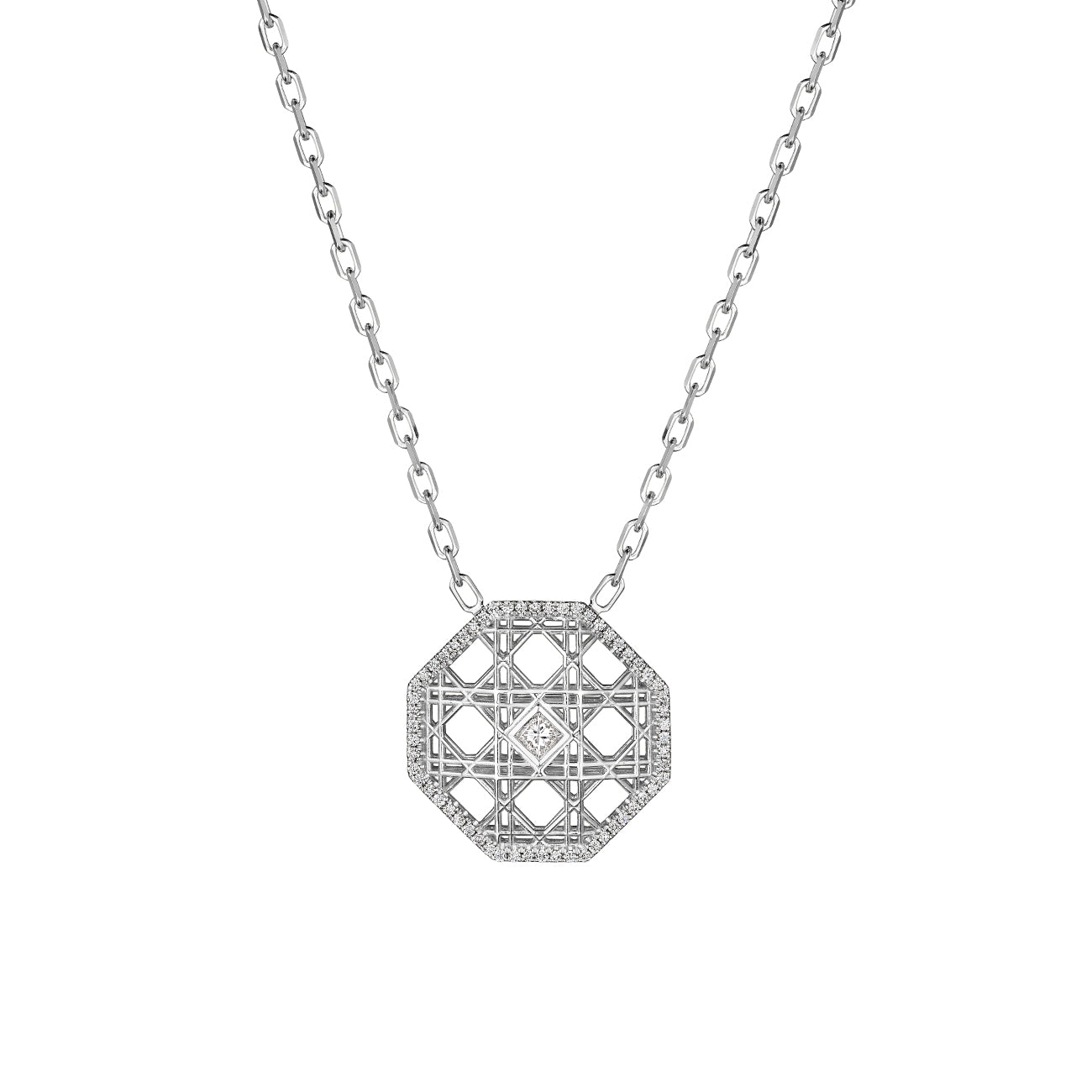 DouDou Pendant necklace, 18K White Gold, Pavé Diamonds And Princess Cut