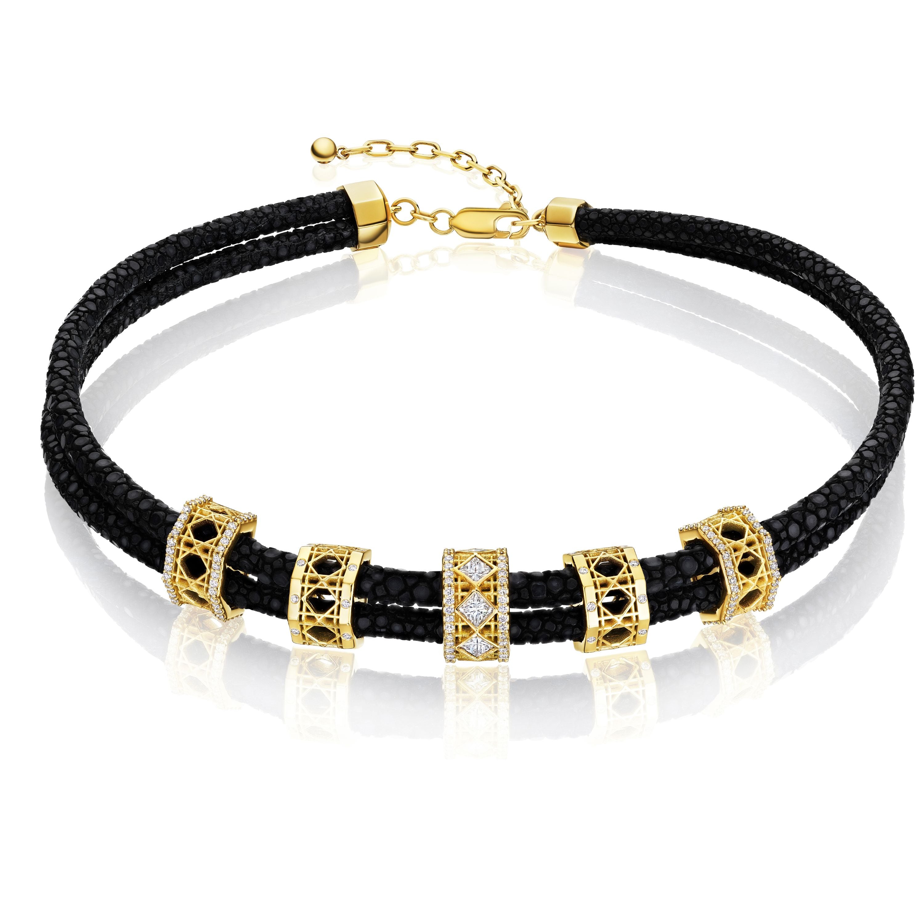 Doudou Abyss Multi-Bead Choker, 18K Yellow Gold, Pavé and Princess Cut Diamonds and Stingray Leather