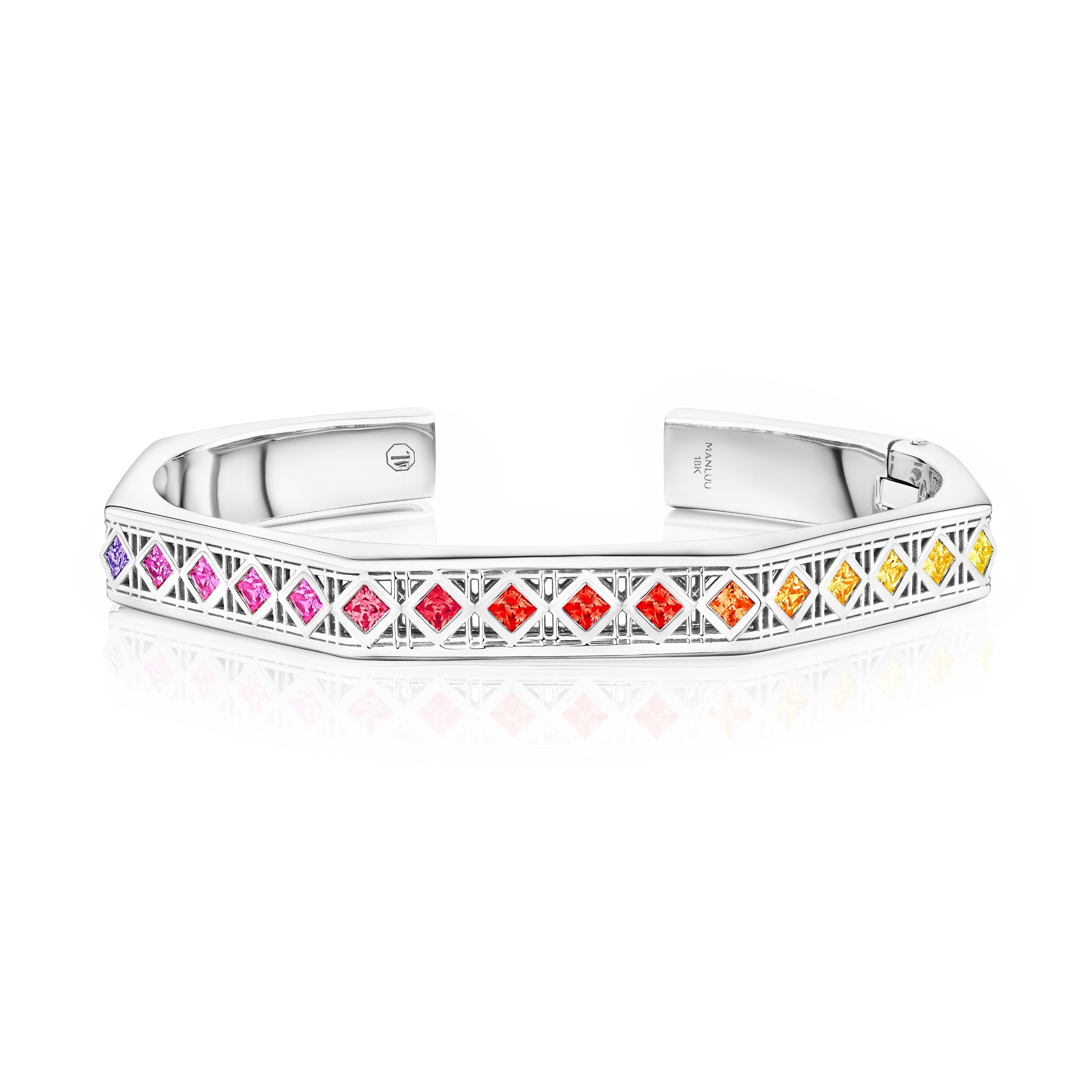 Doudou Cuff Bracelet, 18K White Gold with princess-cut multi colored gemstones