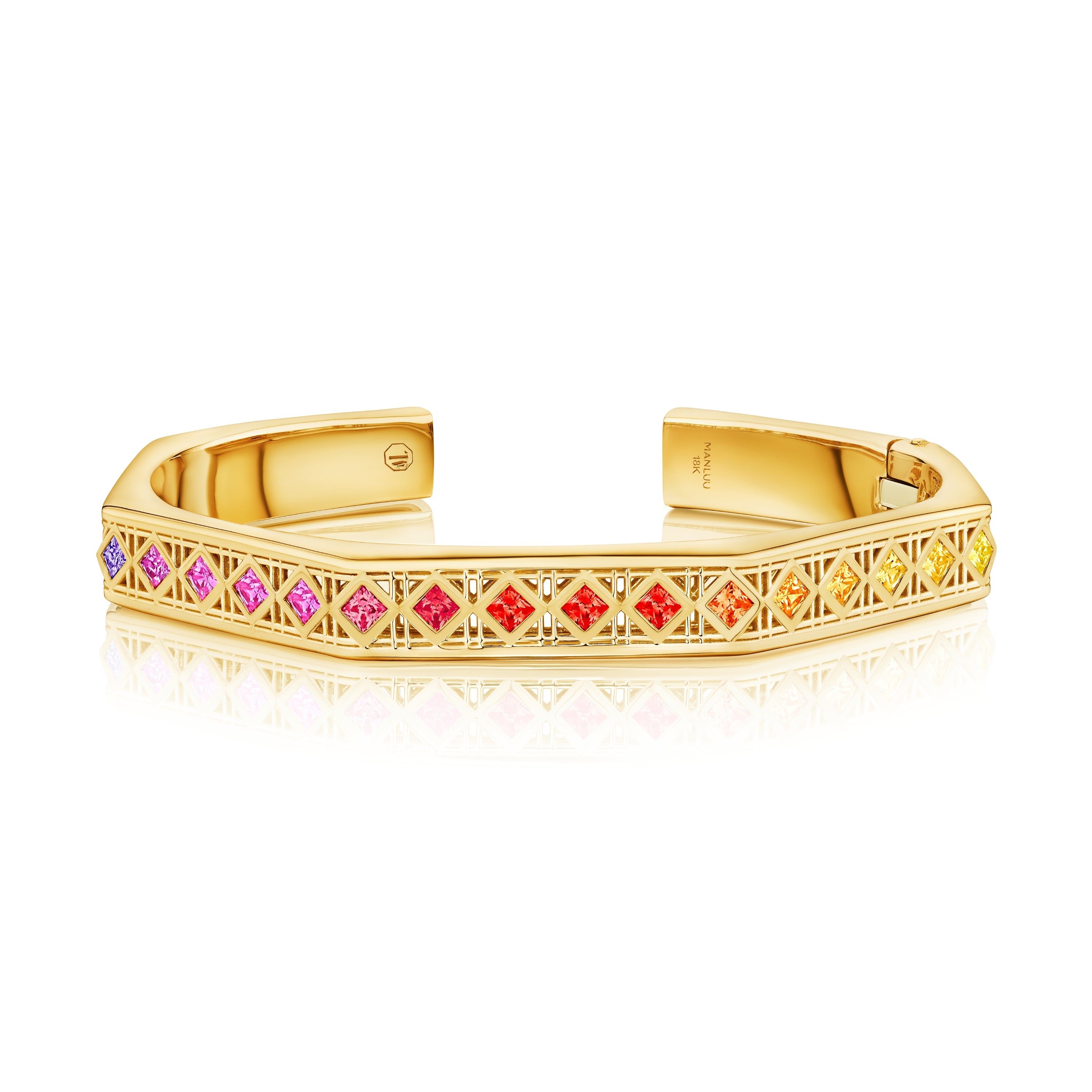 Doudou Cuff Bracelet, 18K Yellow Gold with princess-cut multi colored gemstones