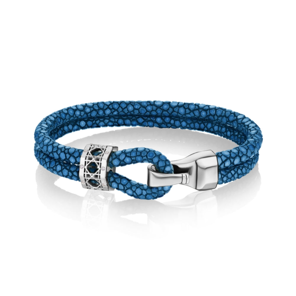 Doudou Abyss bracelet in 18K White Gold, Ti diamonds and blue stingray leather