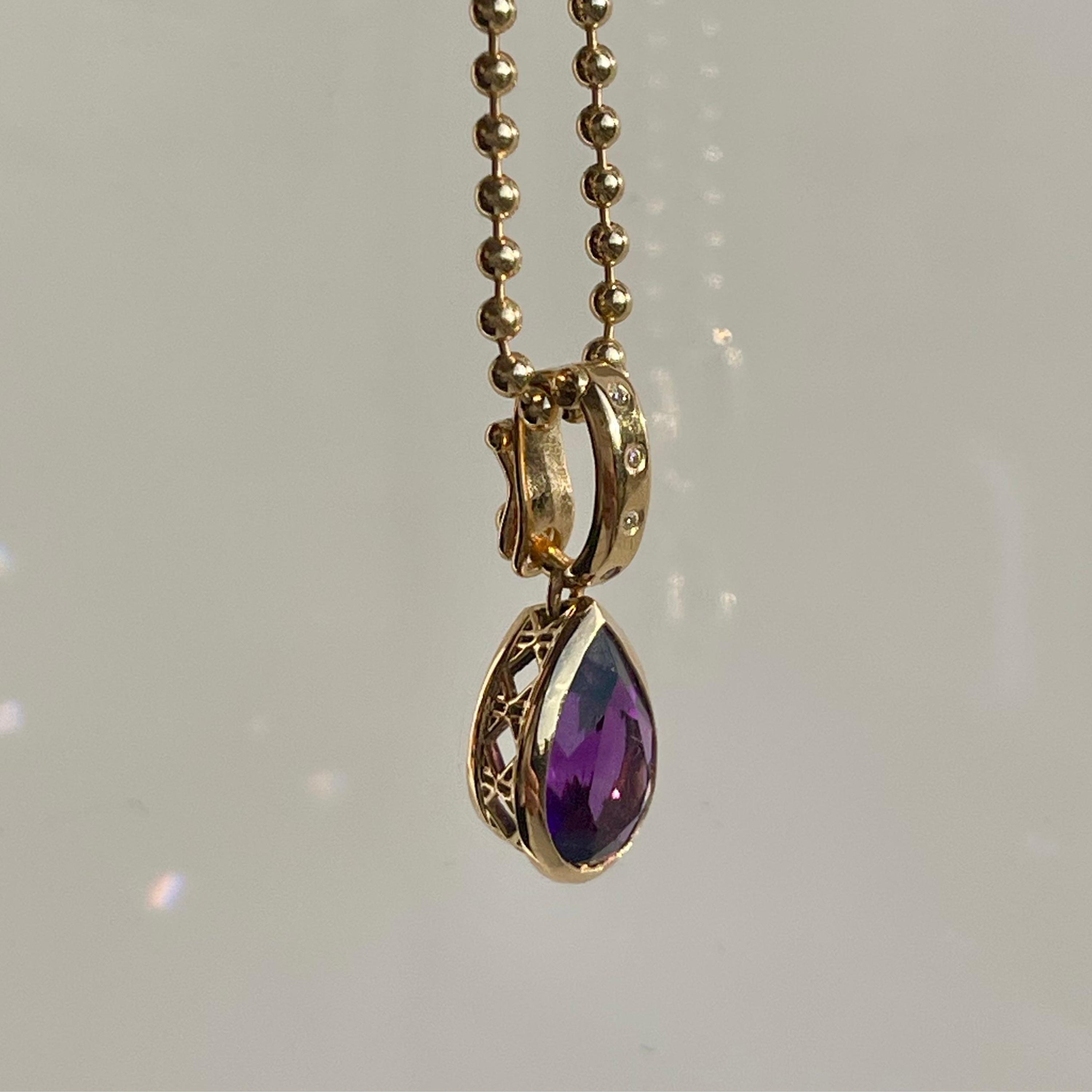 Doudou Pear Shape charm necklace, 18K Yellow Gold, Amethyst and Ti Diamonds on Yva chain